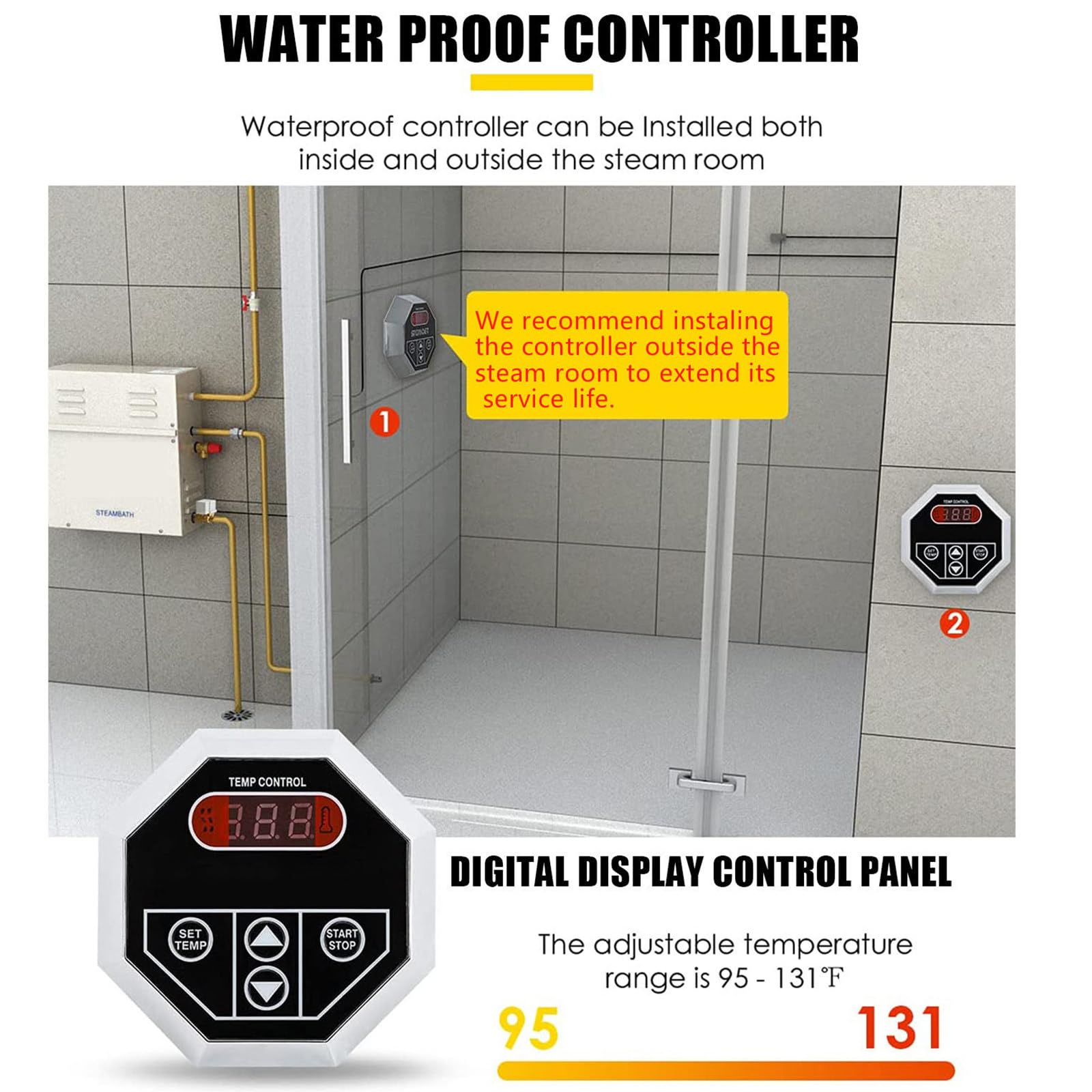Corredo del generatore di sauna del vapore 4.5KW - 21KW 220V/380V con il sistema di autodrenante, regolatore digitale del LED, per uso domestico e commerciale, riscaldamento 35-55℃ per lo spazio del ³