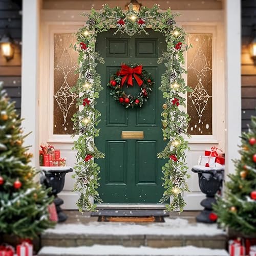 Miniatura 5 de Guirnalda de cedro de Navidad de 6 pies con bayas rojas de piña, guirnalda de eucalipto, funciona con pilas con temporizador, guirnaldas