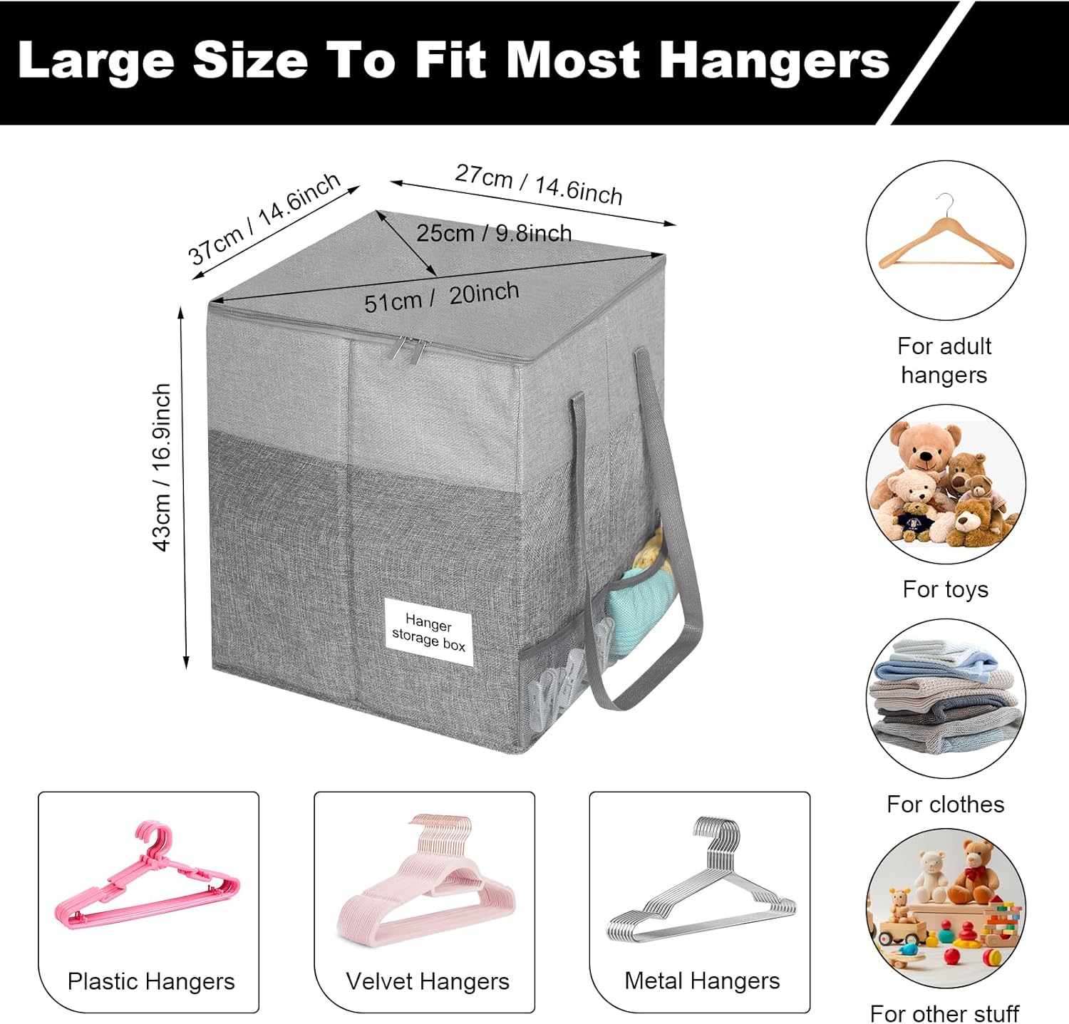 Clothes Hanger Organizer Bag with Lid,Rigid Hanger Storage Containers,Hanger Caddy Organizer Box with Handle and Label Window Keep Closet Laundry Rooms Tidy (Grey)