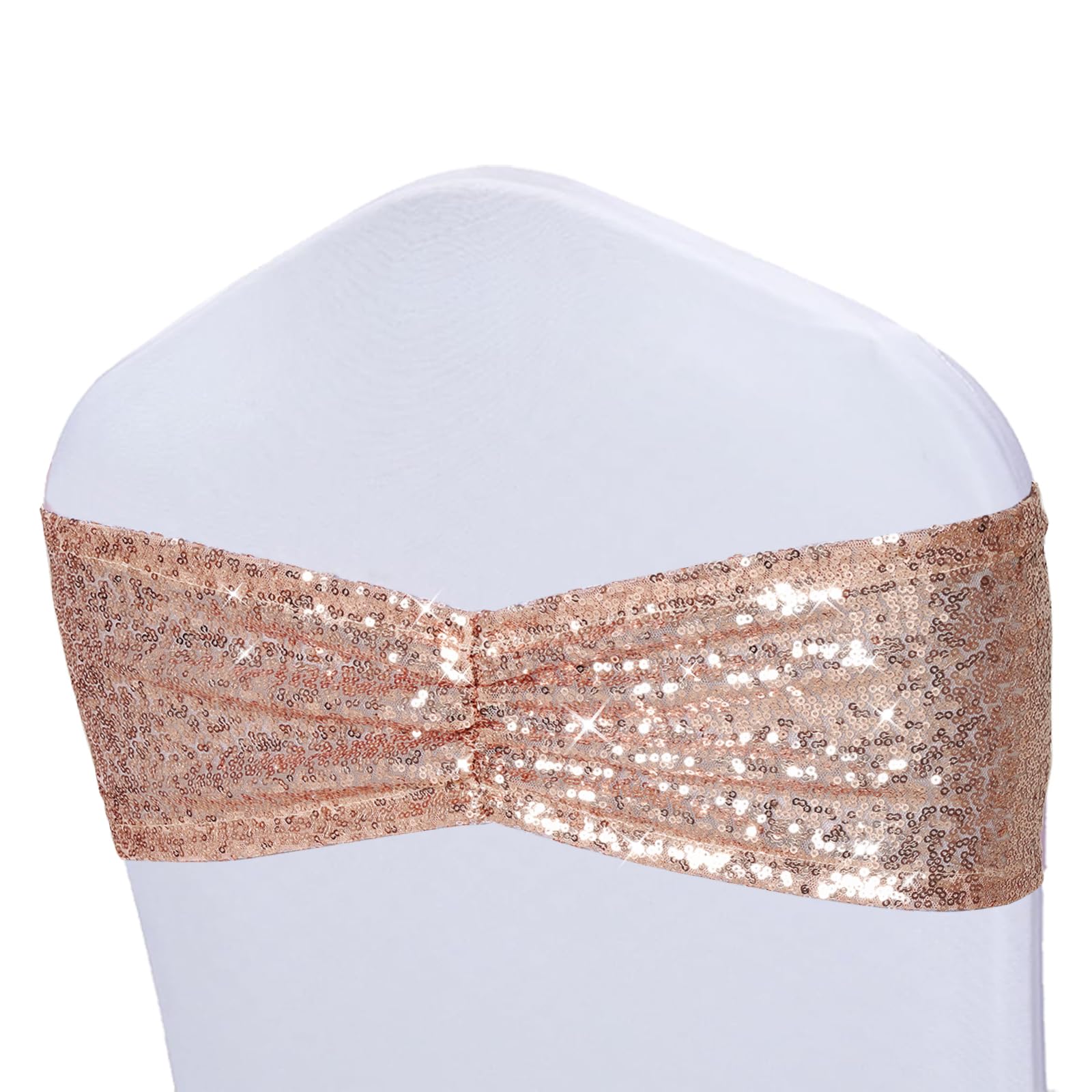3E Home Rose Gold Sequin Chair Sashes, 50 PCS Sparkly Folding Chair Covers Bow for Party Wedding Reception Decorations