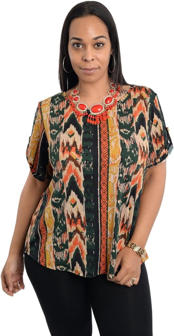 2LUV Plus Women's Short Sleeve Tribal Print Hi-Low Top