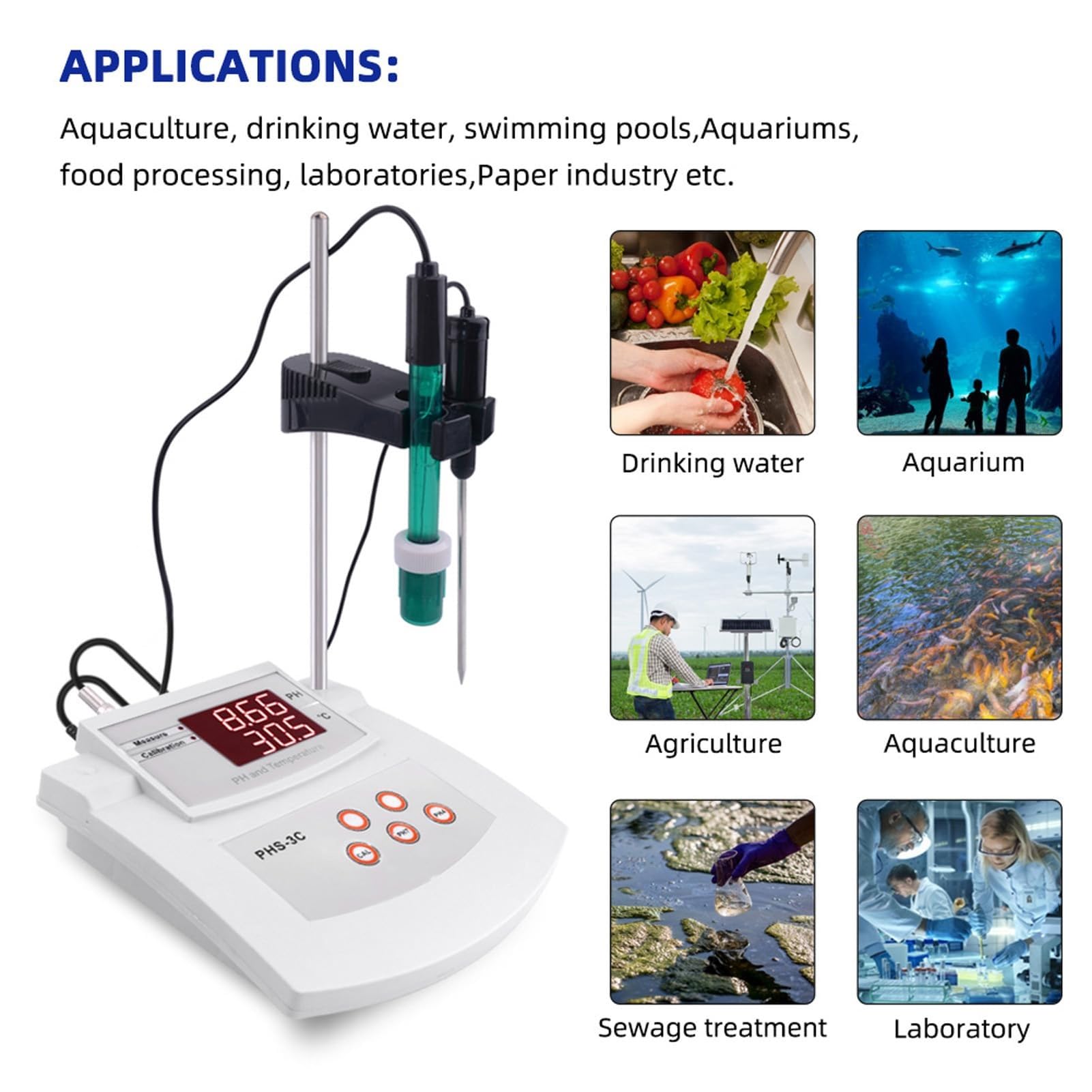 Medidor de pH digital de escritorio, medidor de pH de sobremesa for laboratorio, precisión de pH de ±0,01, pH/temperatura, 2 electrodos, calibración automática de 2 puntos