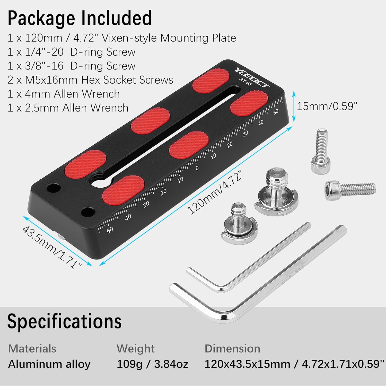 120mm/4.72" Telescope Rail Bar Vixen Style Dovetail Mounting Plate, with 1/4" 3/8" D Ring Camera Screw for Telescope Saddle Mount Base OTA Equatorial Head Tripod Adapter Sky Astrophotography