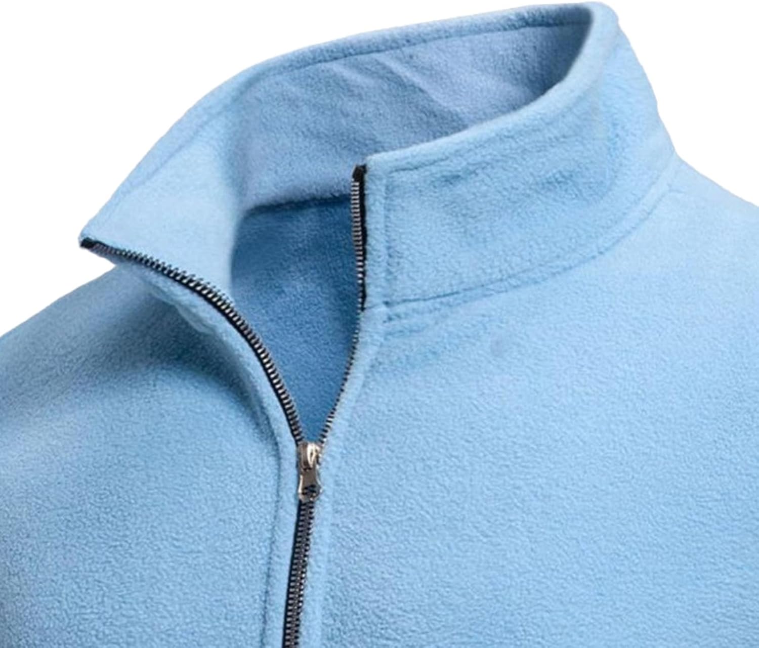 Close-up of a Light Blue Polar Fleece Jacket Collar and Zipper