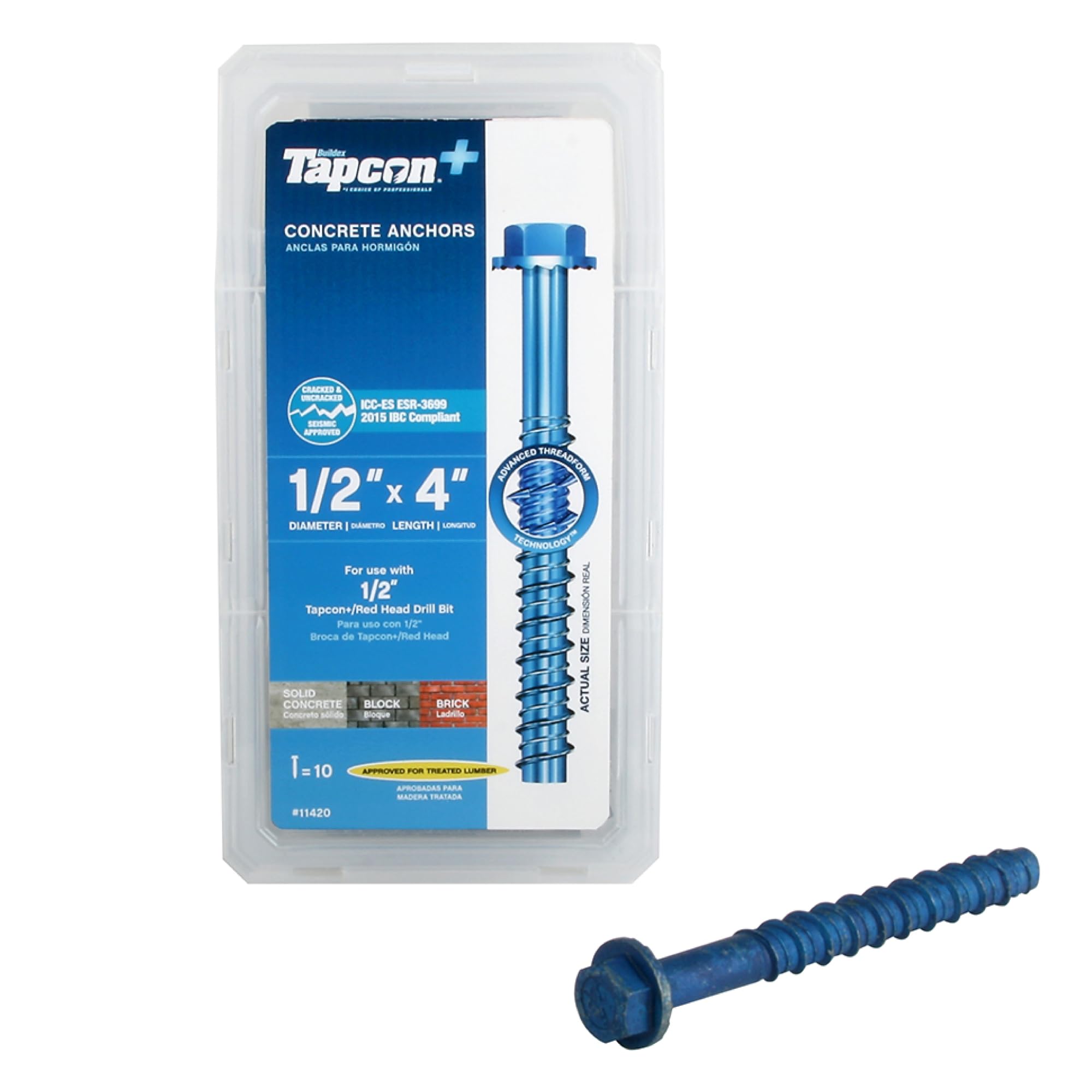 Tapcon+ 1/2 x 4 Inch Heavy-Duty Hex Head Concrete Anchors