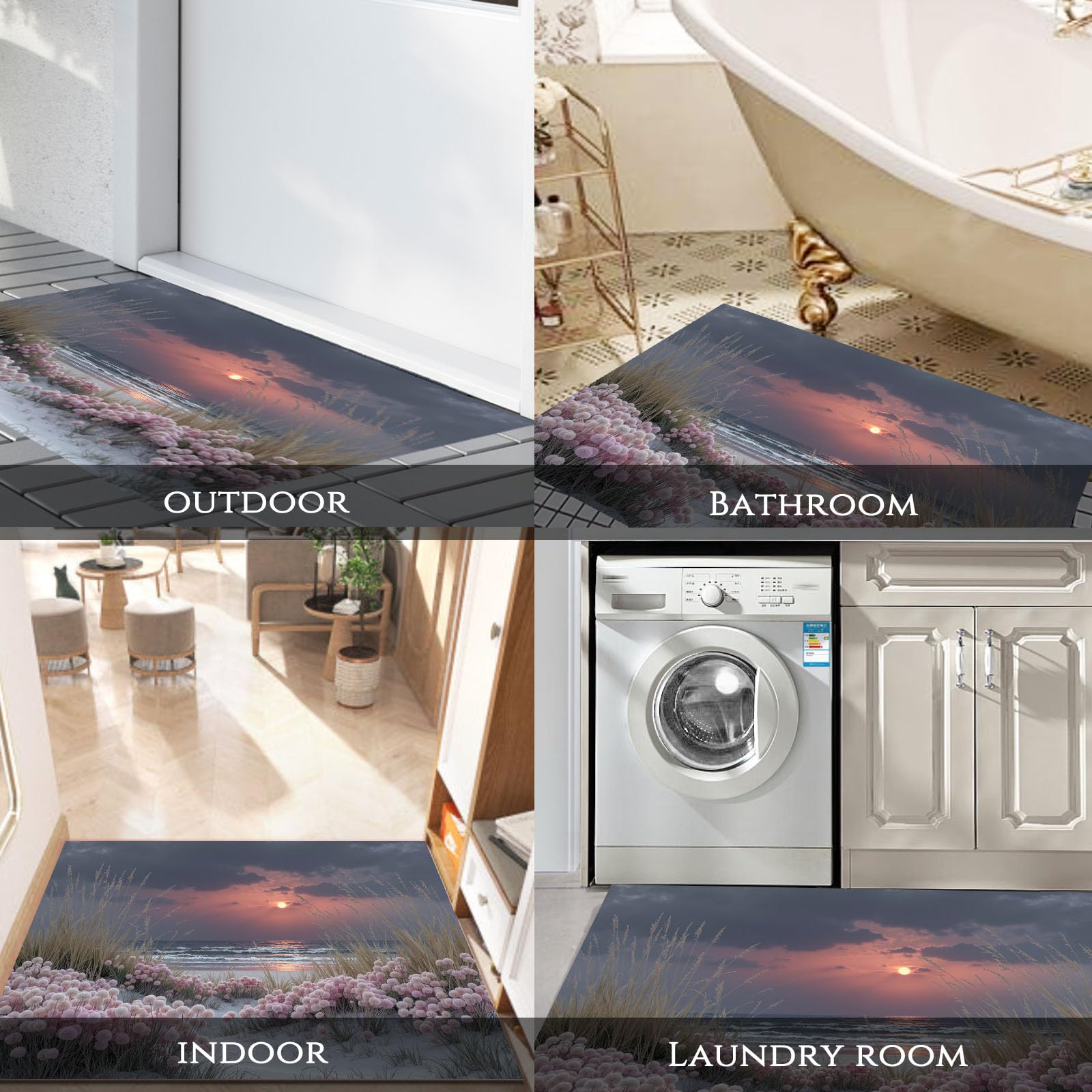 Tapis Sunset Beach 90X150Cm en Fausse Laine Rose Gris pour Salle De Bain Cuisine, Petit Paillasson D'Entrée D'Intérieur, Paysage Végétal, Tapis De Sol Antidérapant Lavable