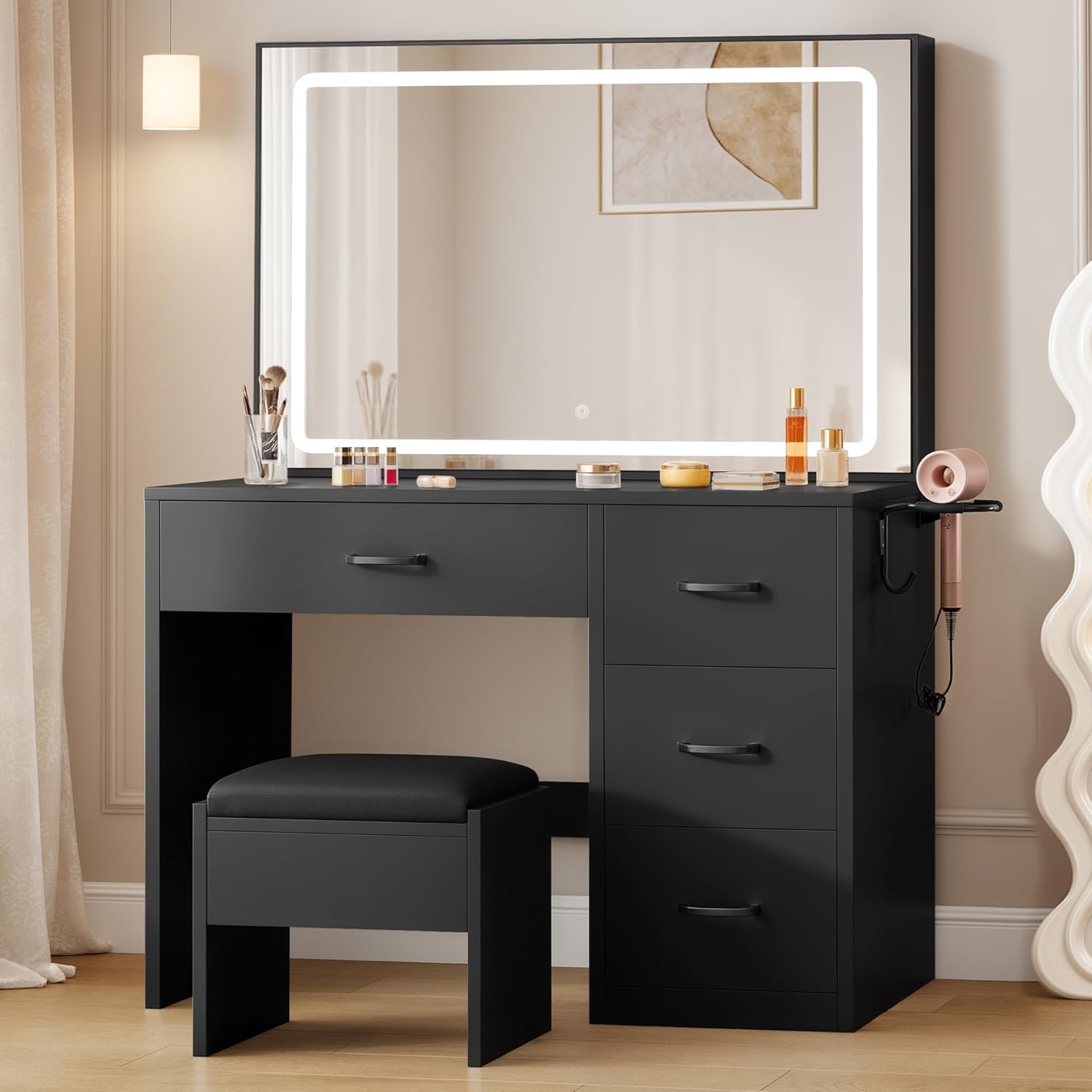 yitahome vanity desk set with large 35\" led mirror, makeup table with 2 ac outlets and 2 usb ports, 4 drawers & stool, adjustable lighting, modern dressing table, black jet black led strip ( incomplete ) 