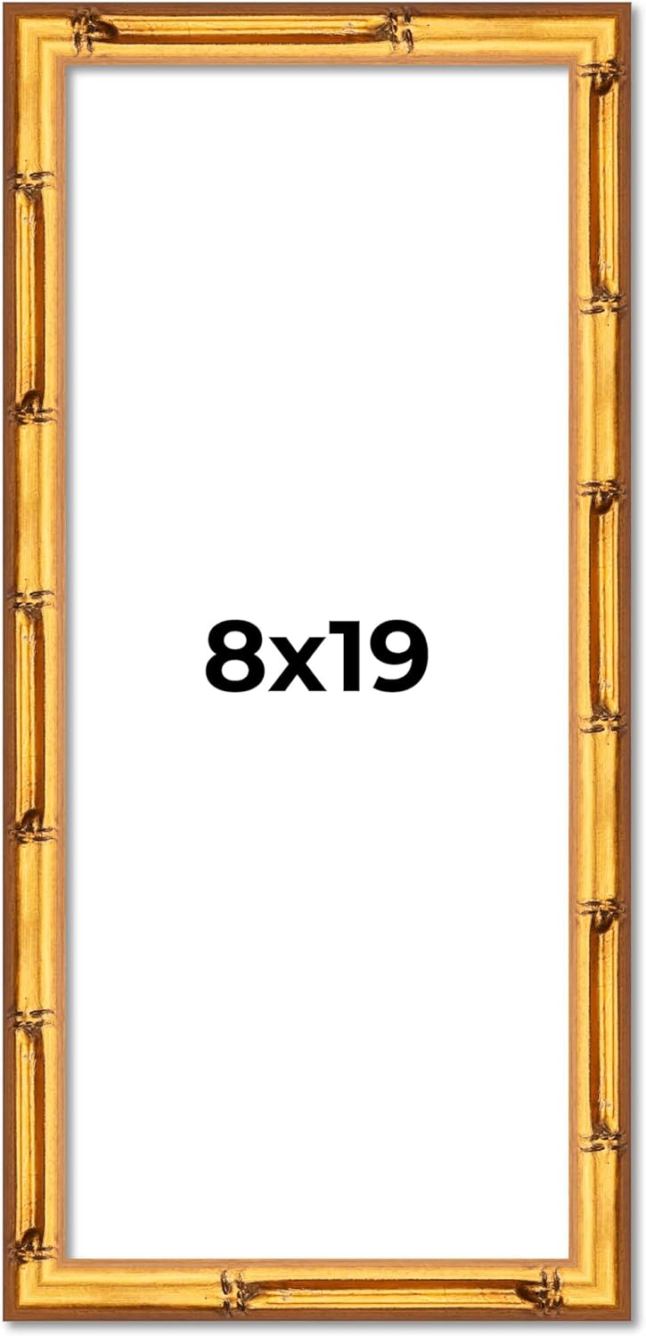 8x19 Frame Gold Bamboo Solid Wood Picture Frame | 1 Inch Moulding Width | Interior Frame Depth 0.75 Inches | Complete with UV Acrylic Plexiglass, Foam Board Backing & Hanging Hardware