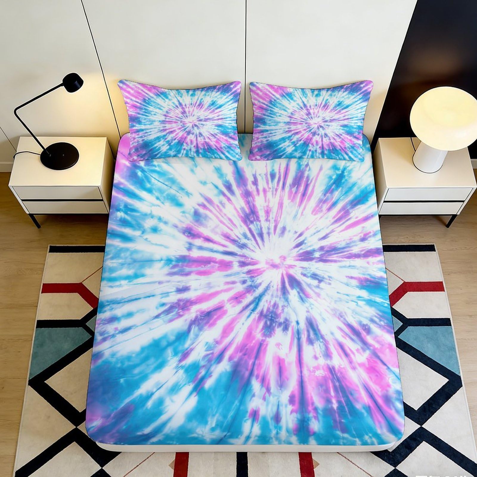 3D Printed Tie Dye Burst Fitted Sheet Microfiber Soft Breathable Pastel Swirl Mattress Cover for Bedroom Dorm Decor 90x200x25cm