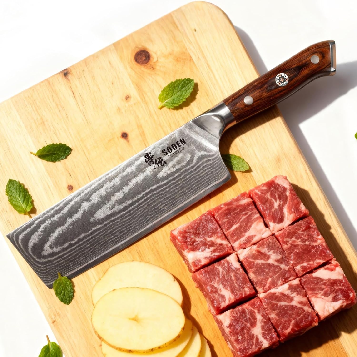 SODEN 7" Nakiri Knife Japanese VG-10 Damascus Steel, 67 Layer Razor Sharp Asian Vegetable & Meat Chopper, Ergonomic G10 Micarta Handle, Kitchen Knives for Chef with Gift Box - Image 7