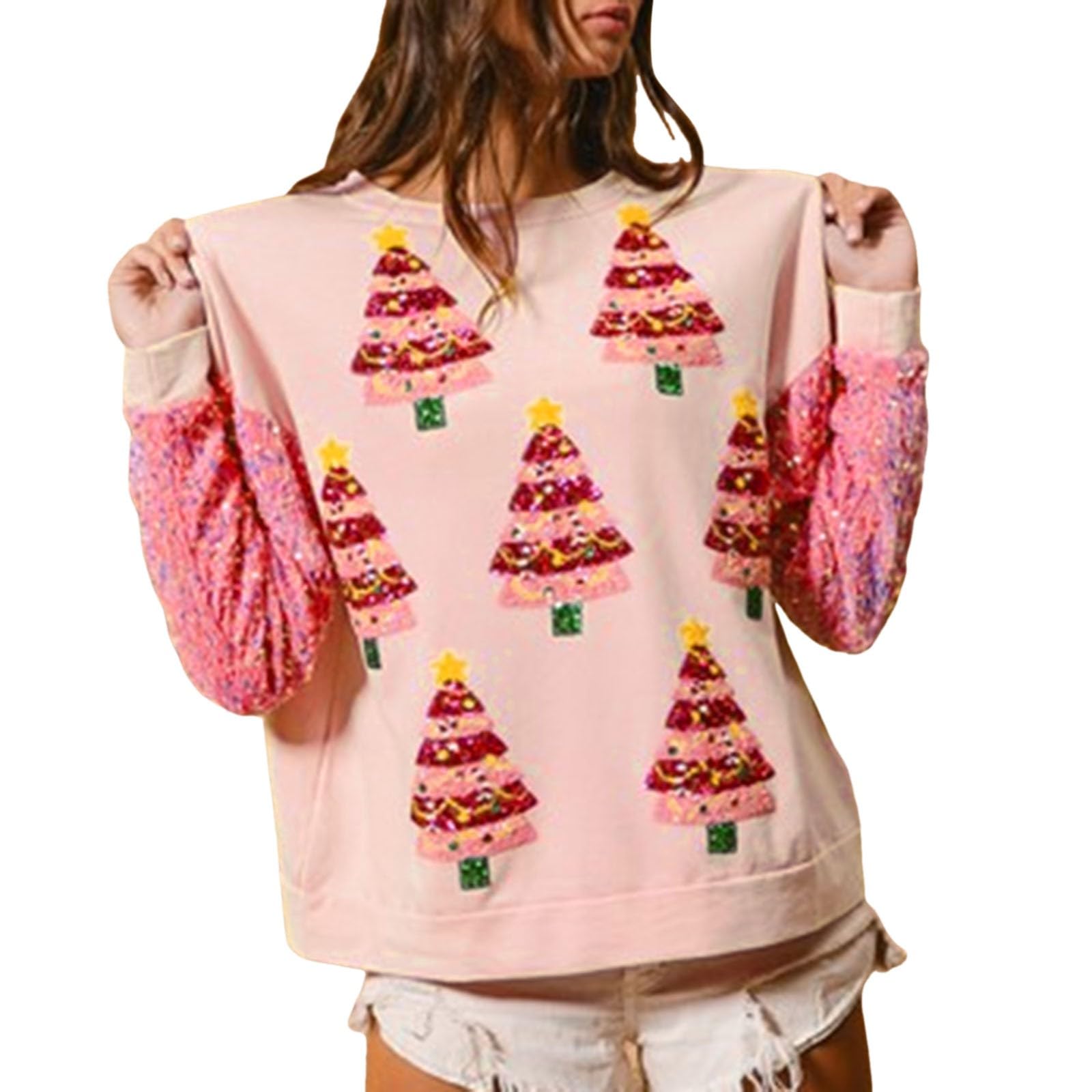Sudadera Mujer Sin Capucha，Suéter de Manga Larga con Estampado navideño y Lentejuelas para Mujer
