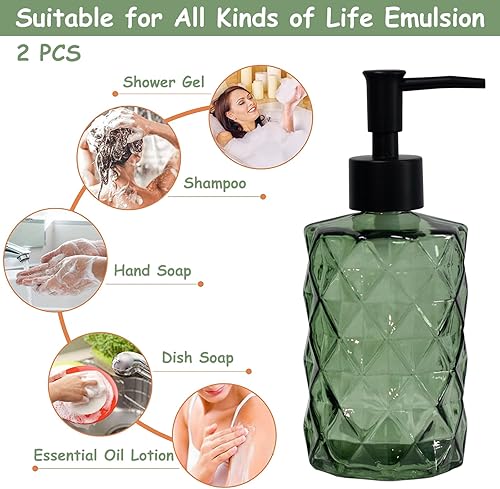 Miniatura 4 de Dispensador de jabón de vidrio verde con bomba de plástico negro, dispensador de jabón líquido recargable de 12 onzas, paquete de 2 botellas de