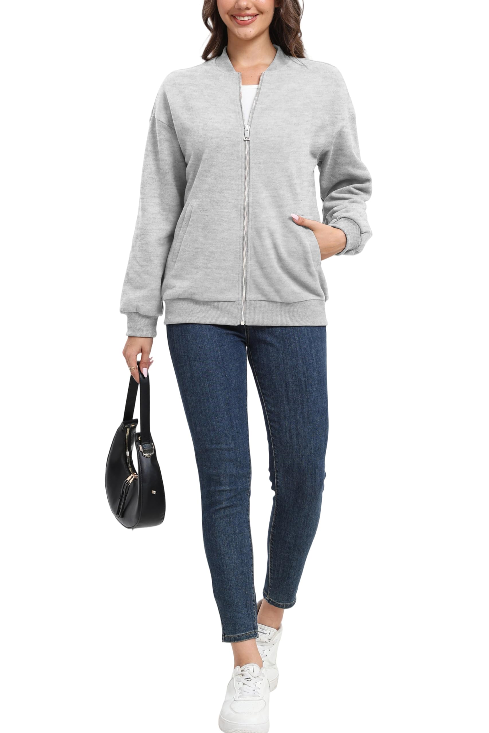 Timuspo Sudadera con cremallera para mujer, informal, chaqueta de entretiempo, chaqueta de primavera y otoño, chaqueta con cuello universitario, chaqueta bomber de color liso