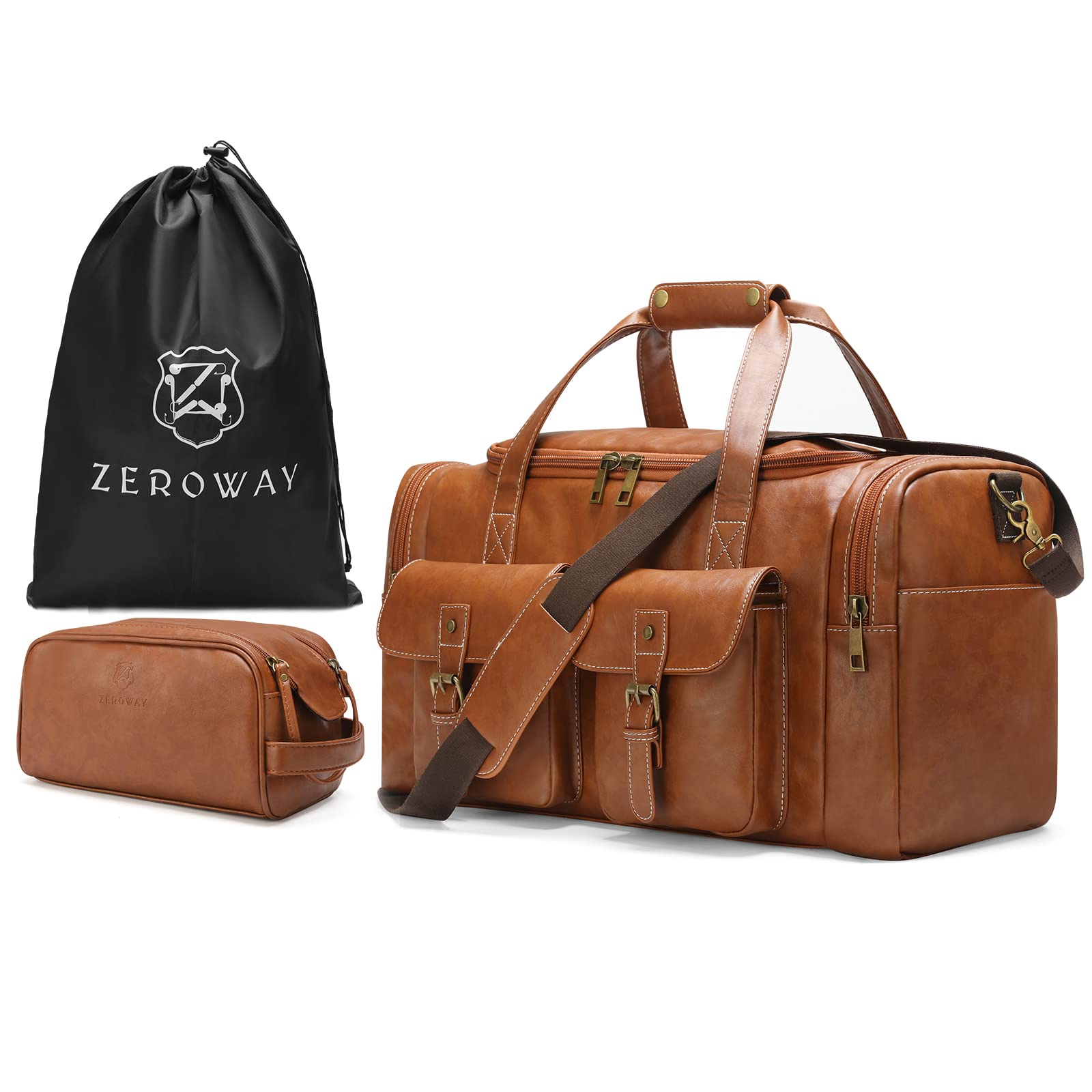 Zeroway PU Leather Travel Duffel Bag with Toiletry Dopp Kit and Laundry Bag, Weekender Overnight bag Luggage Carry-On Bag with Shoe Pouch for Men or