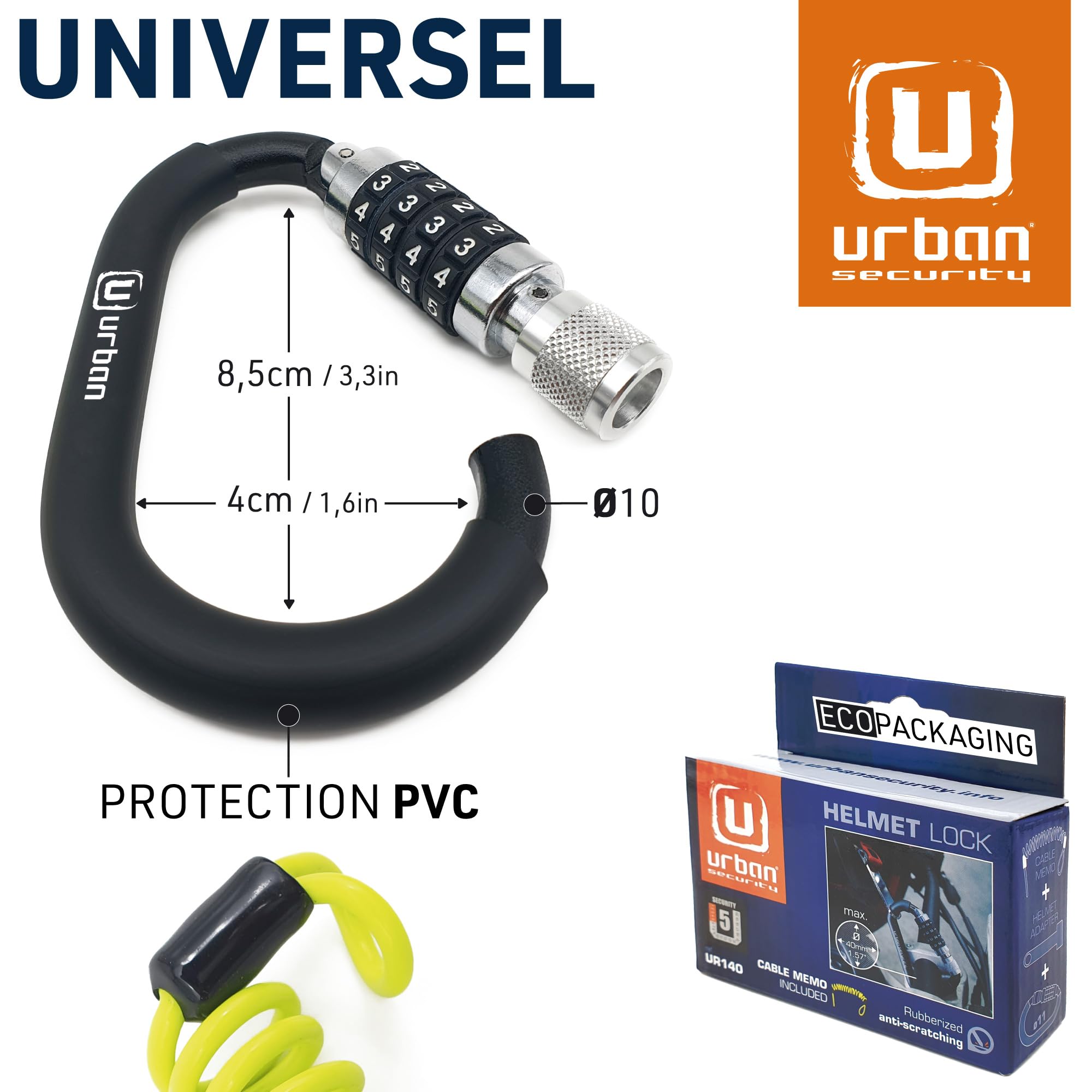 URBAN UR140 Antivol Casque Moto, Mousqueton à Code 4 Chiffres Plus Sécurisé, Adaptateur T Boucle, Câble de Sécurité en Acier Tressé Plus Visible, Accessoire Anti vol Universel pour Casque de Moto Velo