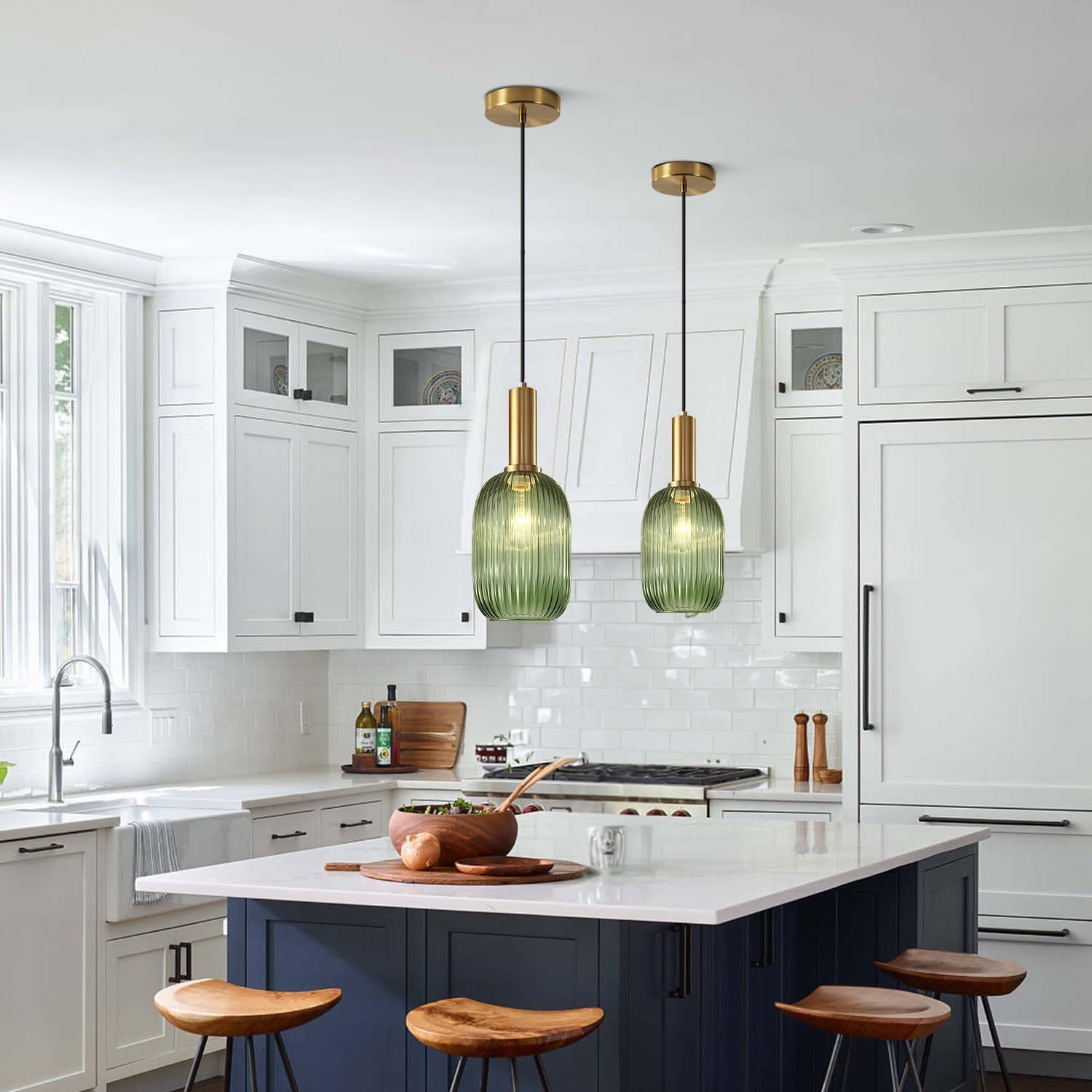 Snapklik.com : Lighting Green Ribbed Glass Pendant Light Kitchen Island ...