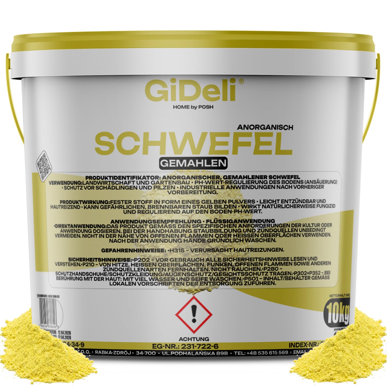GiDeli Polvo de azufre 10 kg - Inorgánico 99,9 % fino - Para la industria cosmética - Mantenimiento del suelo - Azufre en un cubo
