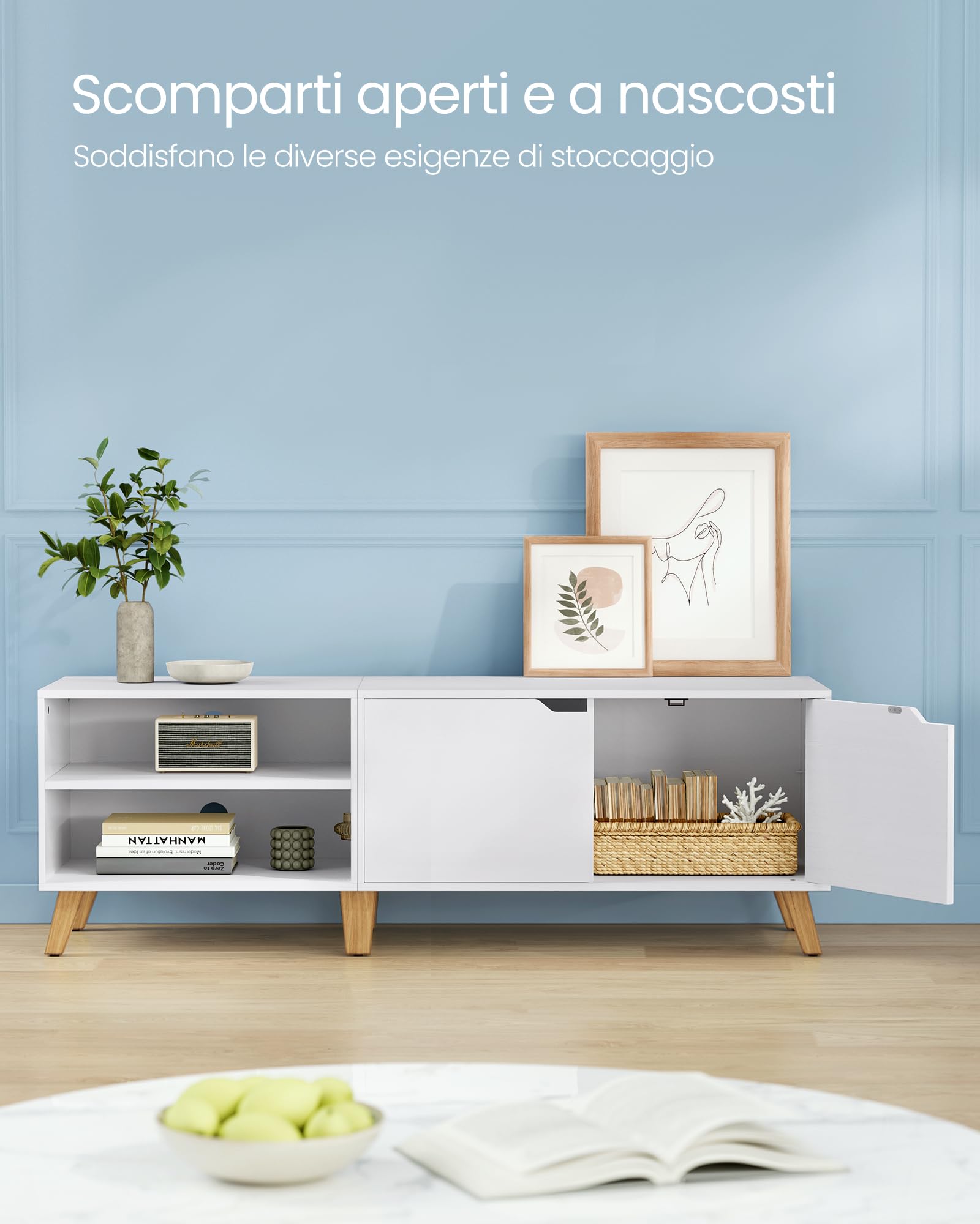 VASAGLE Mobile TV per Televisore fino a 65 Pollici, Armadietto per TV con 2 Ante, Ripiani Regolabili, Lungo 160 cm, per Soggiorno, Camera da Letto, Bianco Neve LTV030W01
