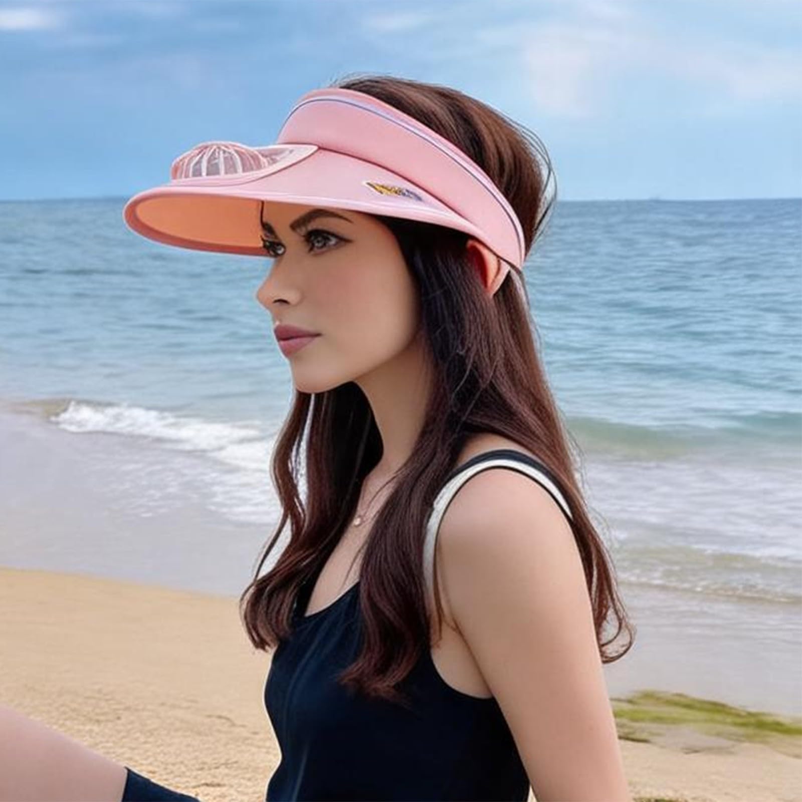 Generico New Gorro de sol de verano para mujer con ventilador recargable, visera ancha, sombrero de exterior con parte superior vacía, ideal para jardinería, senderismo y uso diario.