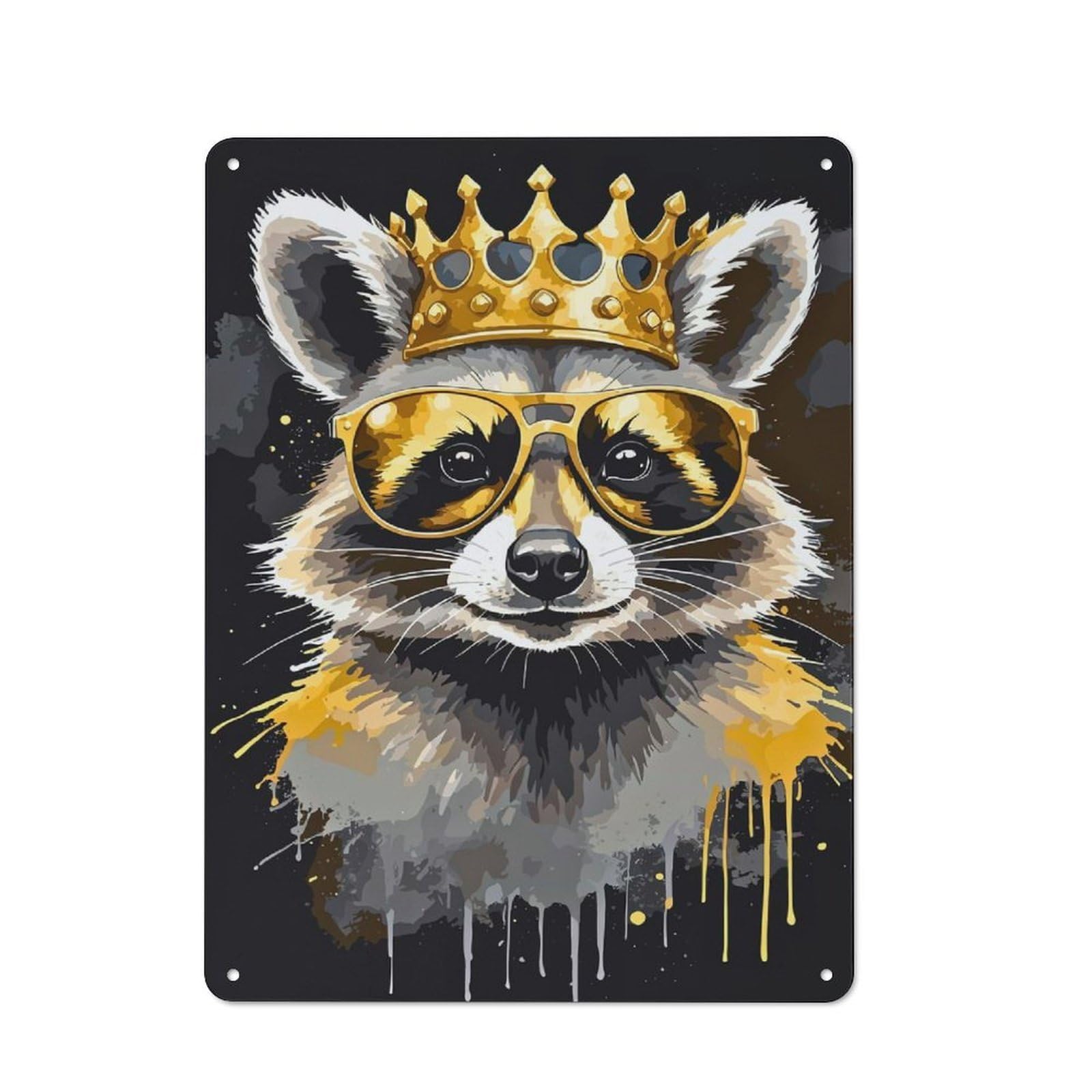 Junmoney Style-8 Shop Front Style Raccoon King With Crown And Glasses Cafe Metal Sign 40X30cm, Bistro Wall Plaque For Tea Room, Shop Wall Or Breakfast Area