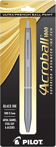 PILOT Acroball 1000 Ultra-Premium Bolígrafo de Punta de Bola Recargable y Retráctil, Barril Gris, Punta Fina, Tinta Negra, Bolígrafo Individual