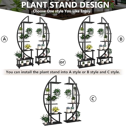 Miniatura 11 de 2 soportes de metal de 6 niveles altos para plantas de interior con ruedas desmontables, soporte para plantas para espacios exteriores con lazo