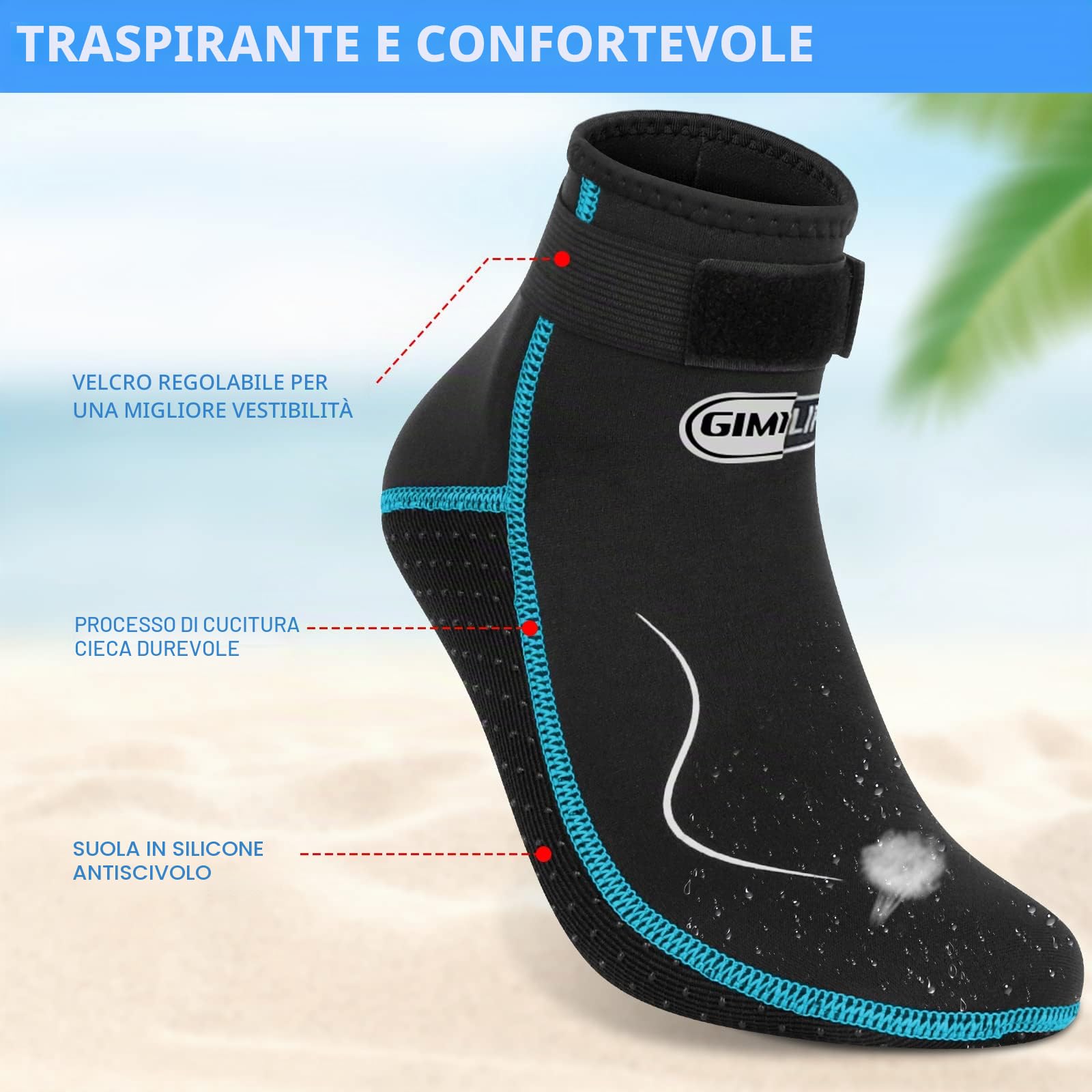 Gimilife Calzari Neoprene 3mm, Calzari Beach Volley per Uomo e Donna, Calzar i Sub, Calze per Piscina, Immersioni, Nuoto, Surf, Vela, Kayak(Stile Basso/Nero-Acqua,L)