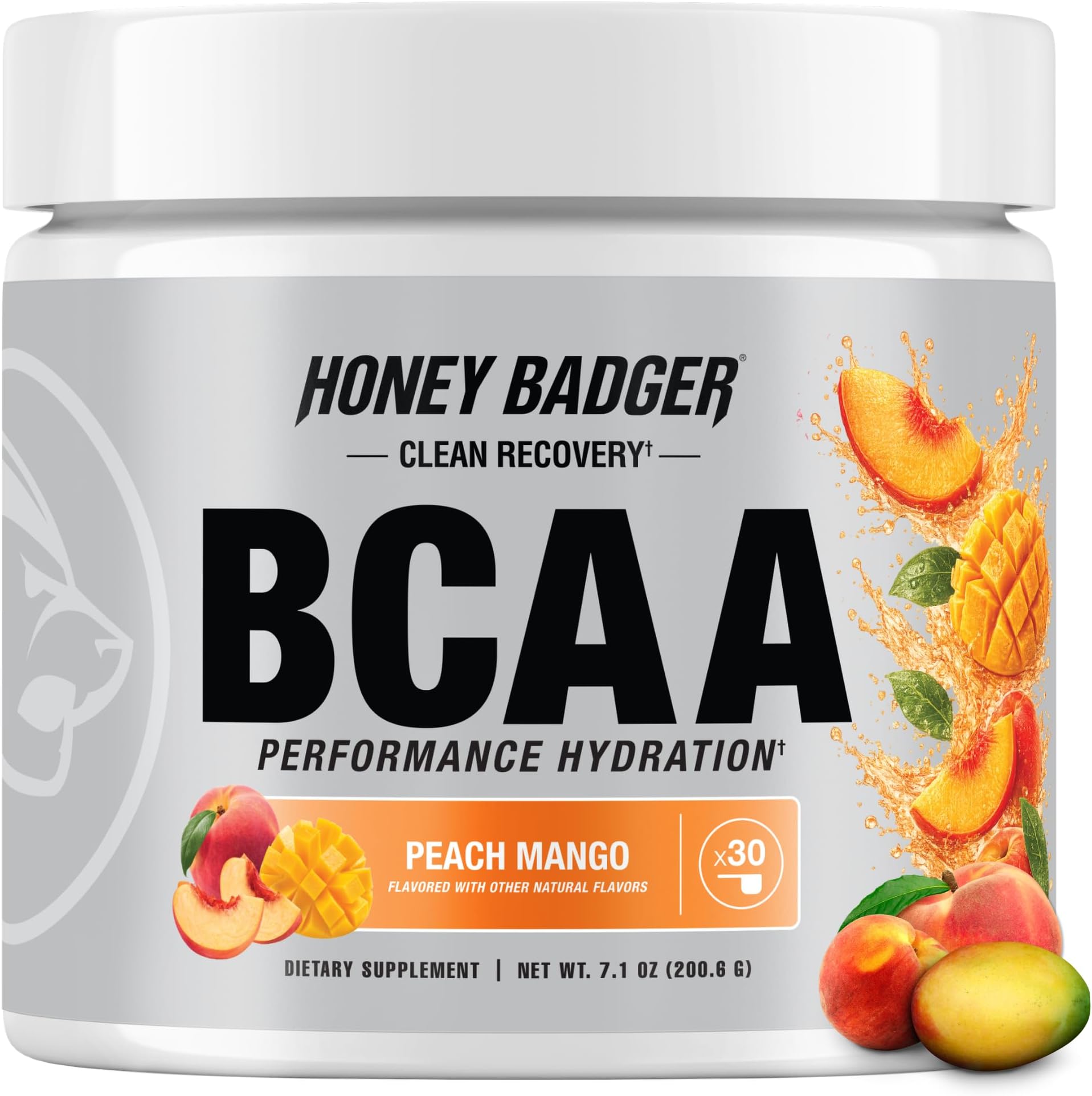 Honey Badger BCAA + EAA Amino Acids Powder, BCAAs + L-Glutamine, Keto, Vegan, Sugar Free for Men & Women, Hydration & Post Workout Muscle Recovery Drink Mix, Peach Mango, 30 Servings