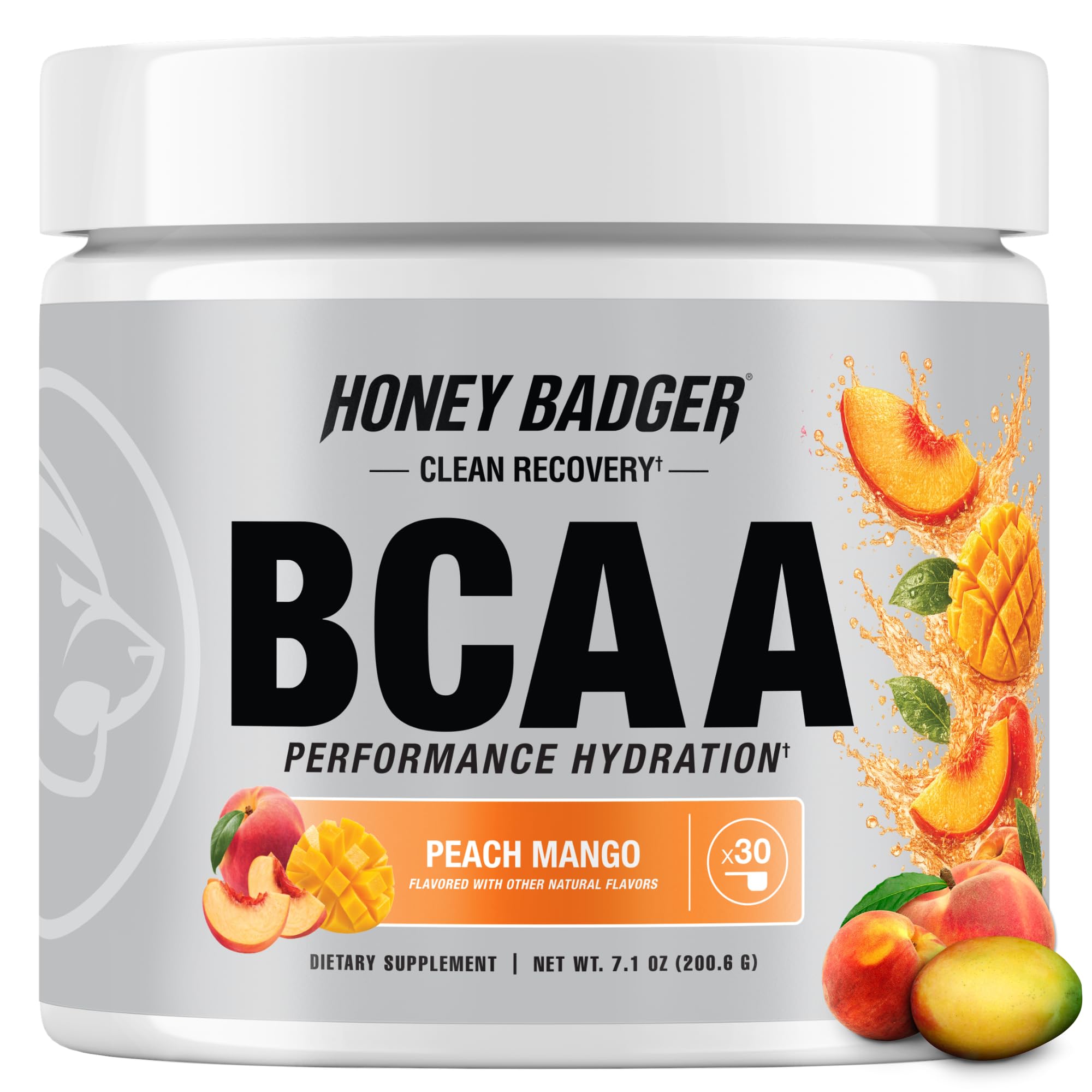 Honey Badger BCAA + EAA Amino Acids Powder, BCAAs + L-Glutamine, Keto, Vegan, Sugar Free for Men & Women, Hydration & Post Workout Muscle Recovery Drink Mix, Peach Mango, 30 Servings