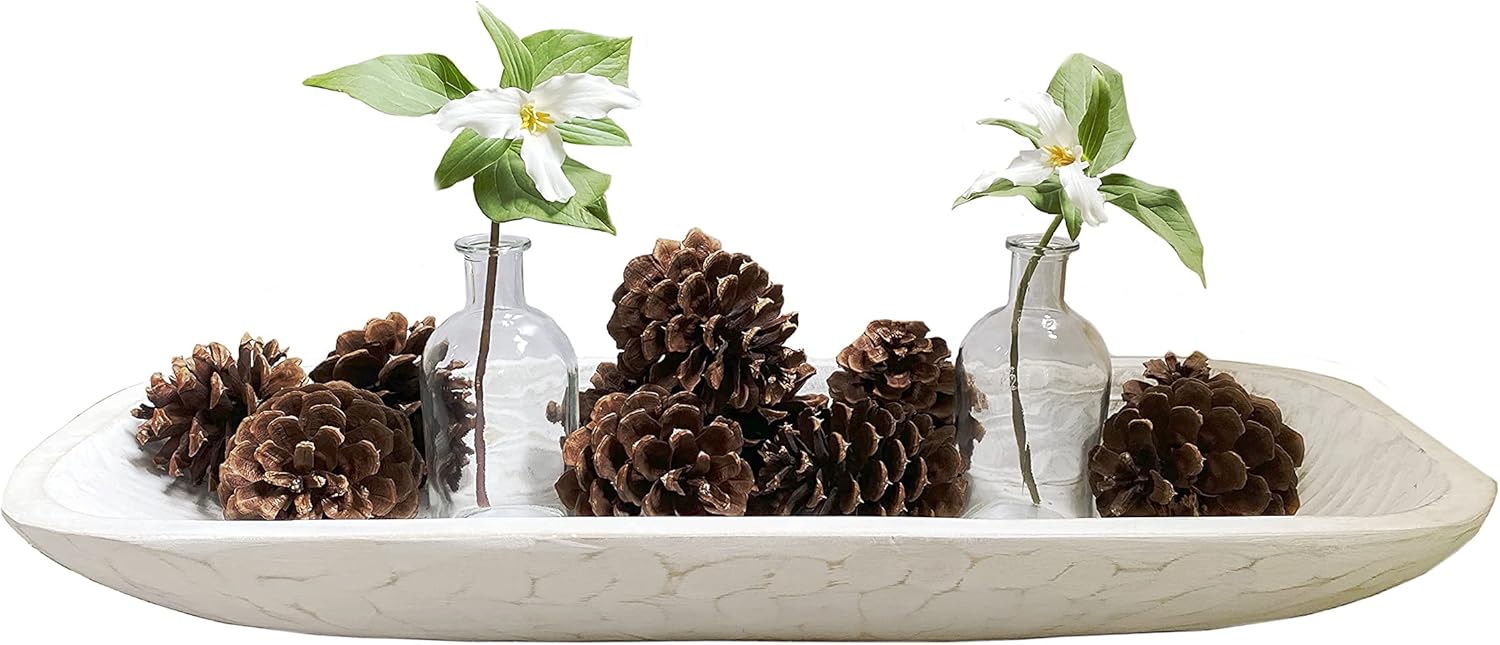 Large White Dough Bowl, 17" or 23" Hand-carved Mango Wood Ship Bowls, Rustic, Decorative, Farmhouse Decor, Big Dining Table Center Piece, Can also be use for Dough Bowl Candles (White, Large): Home & Kitchen