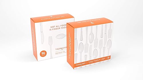 Vista 2 de Tiger Chef - Cubertería de plástico de color resistente, incluye tenedores, cucharas para el té y cuchillos, Transparente Claro