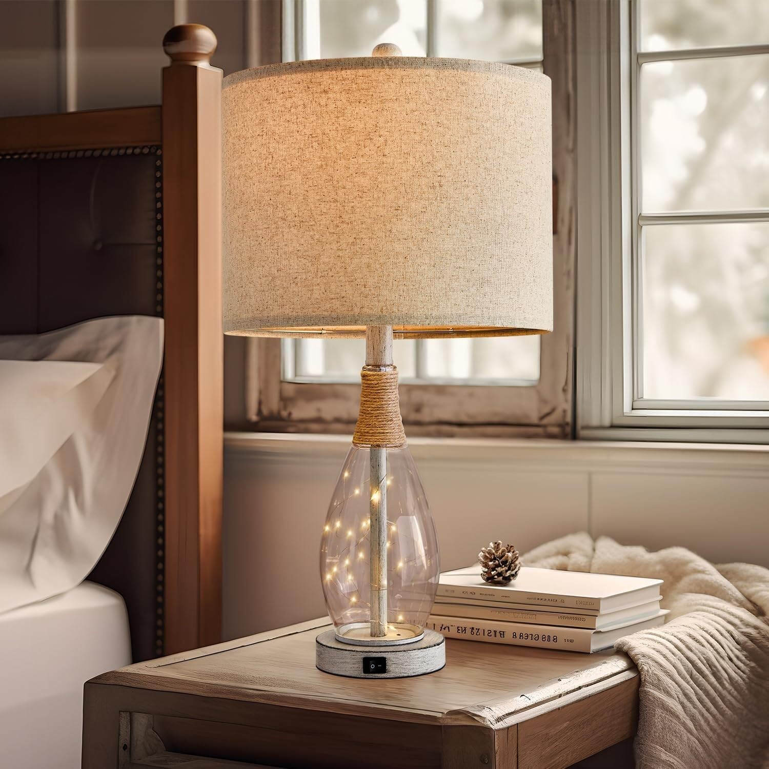 ZR98US Vintage Farmhouse Rattan Lamp Set with USB Night Light - 2pc, Ideal for Bedroom and Living Room