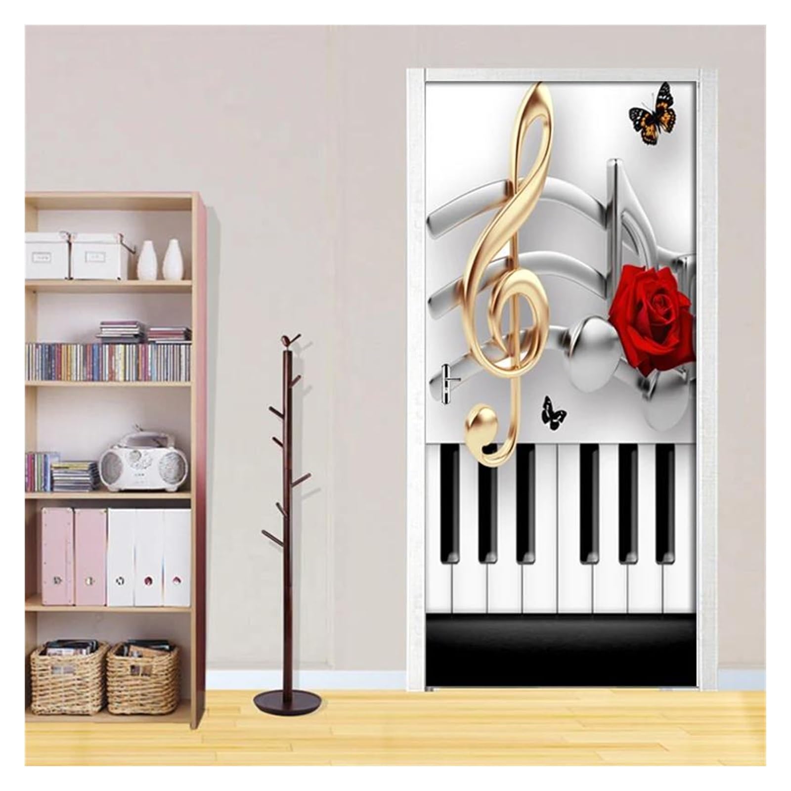 Autocollant de porte note de piano rose 3D lavable et facile à poser