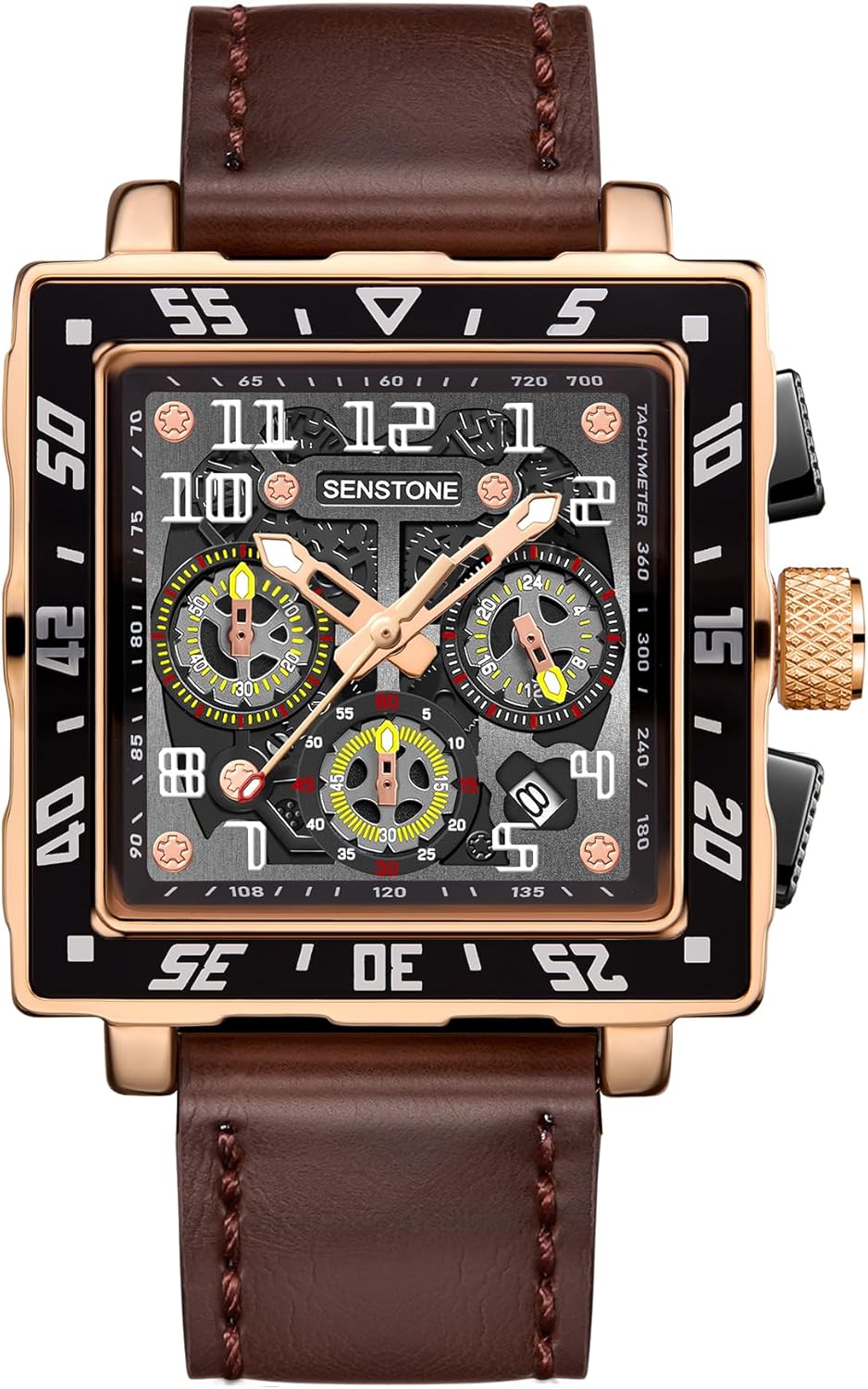 senstone Square Watch for Men with Leather Strap Multifunction Chronograph Dial Analog Quartz Wristwatch Business Dress Watch with Luminous Waterproof Calendar