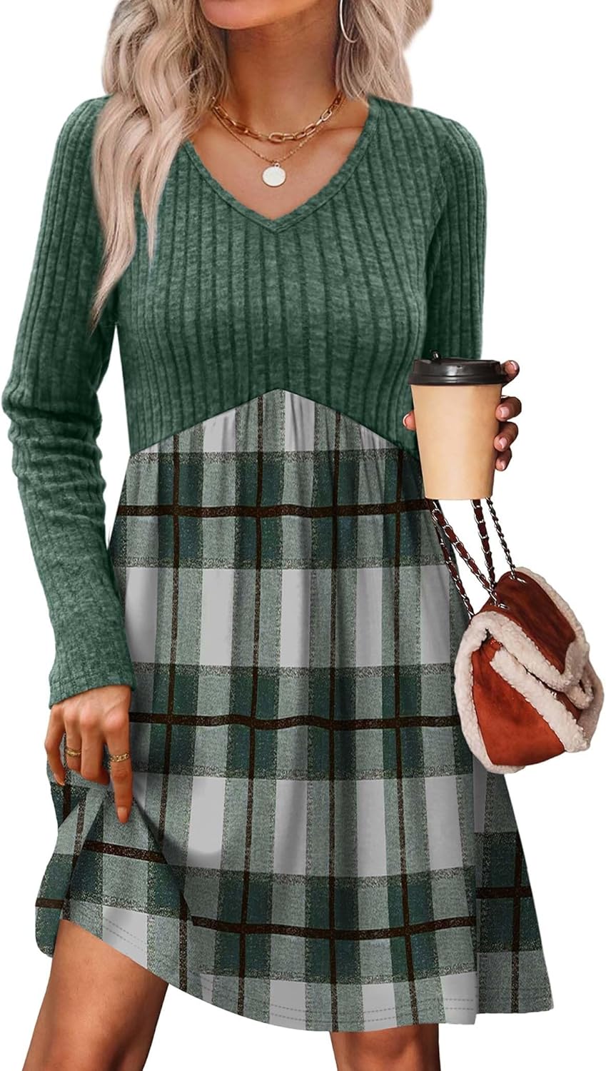 OFEEFAN Long Sleeve Sweater Dress Fall Dresses 2025 V Neck Empire Waist Baby Doll Dresses Women Casual Dress with Pockets