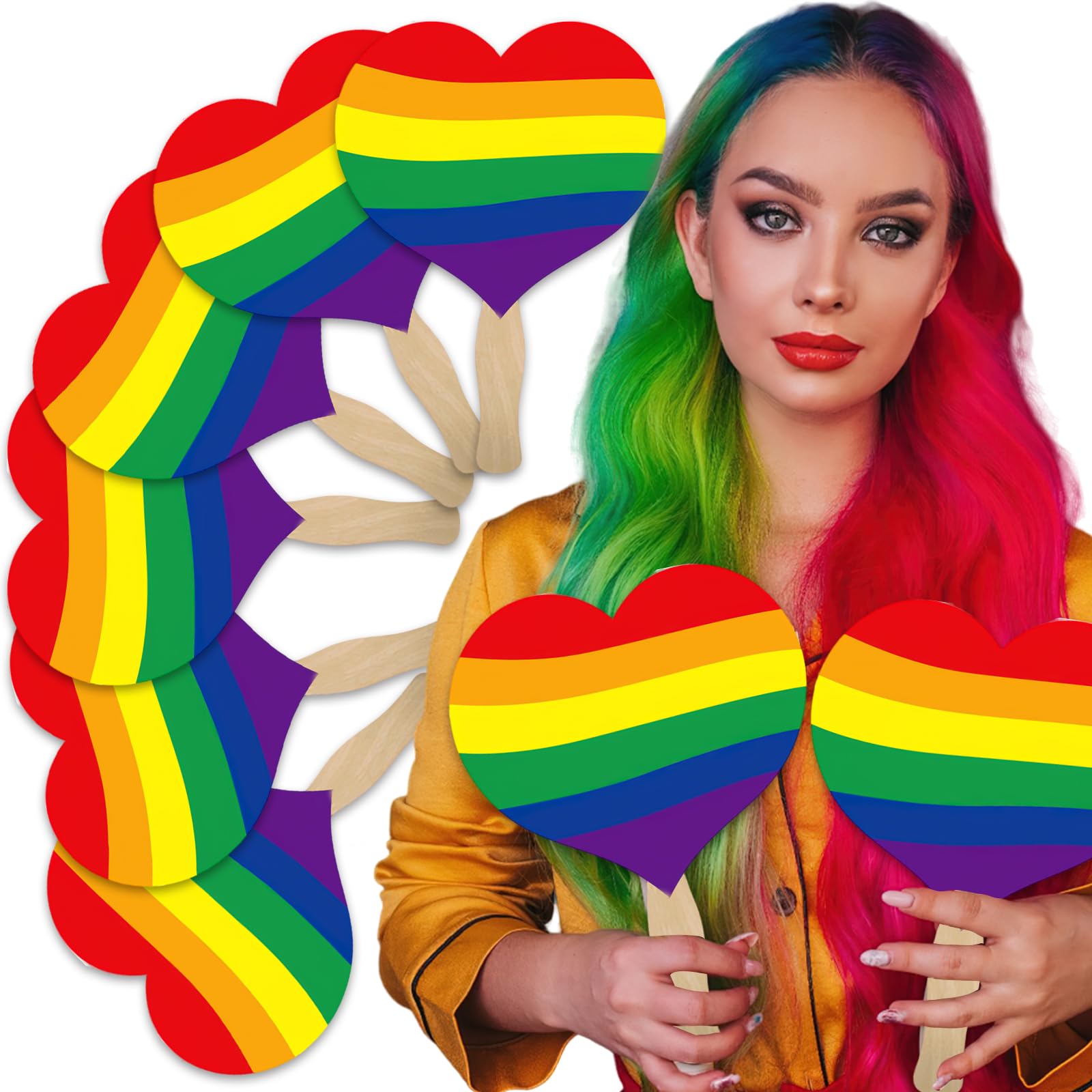 BASEMMAHER 6Pcs Rainbow Heart Hand Fan Fans Pride Colorful Heart Shape Hand Held Fan LGBT Wooden Handle Handheld Fan Pride Month Accessories for Wedding Parade Festival Events Dance Party Supplies