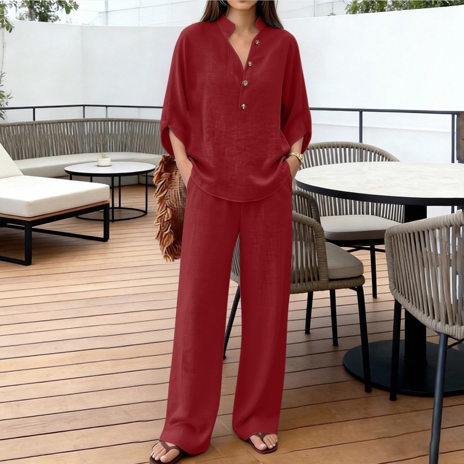Summer Co Ord Ensembles 2 pièces en coton et lin avec col en V et manches 3/4 Pantalon large avec poche