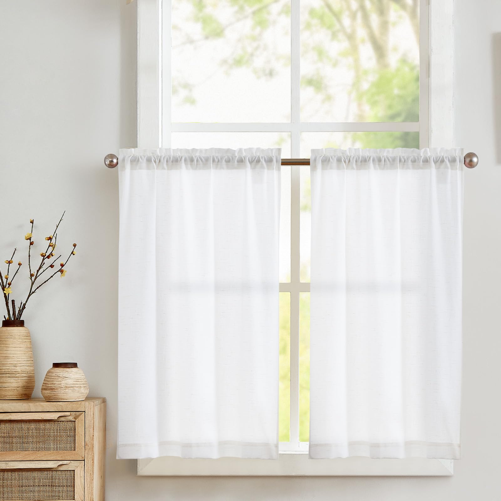 Vangao Scheibengardine Leinen Bistrogardine Halb Transparent Privatsphäre Uni Gardine Sheer Vorhang Paarig Schals Fensterschal
