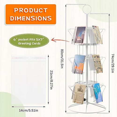 Miniatura 9 de Nuanchu 12 Pockets Greeting Card Display Stand Countertop Rotating Greeting Card Rack with 200 Clear Resealable Bags 3 Tier Metal Display Stand Black