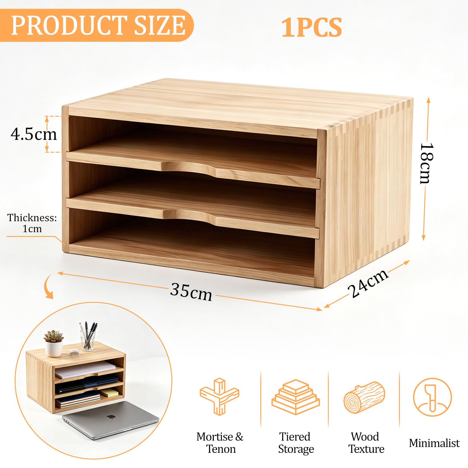 1 PCS Ablage Schreibtisch holz 35×24×18CM, Papierablage Schreibtisch, Dokumentenablage A4 3 Fächer Holz, Desktop Organizer Aktenordner, Schreibtischablage A4, Natürliche Holzfarbe
