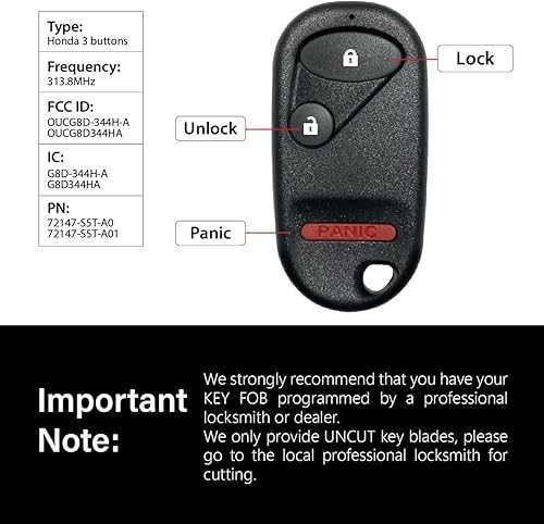 Miniatura 3 de Control remoto de entrada sin llave OUCG8D344HA 313.8MHz 3 botones de repuesto para Honda Civic Element CR-V 2002-2011