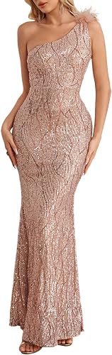 Women's One Shoulder Champagnegold Formal Evening Gowns Sequin Mermaid Maxi Dres