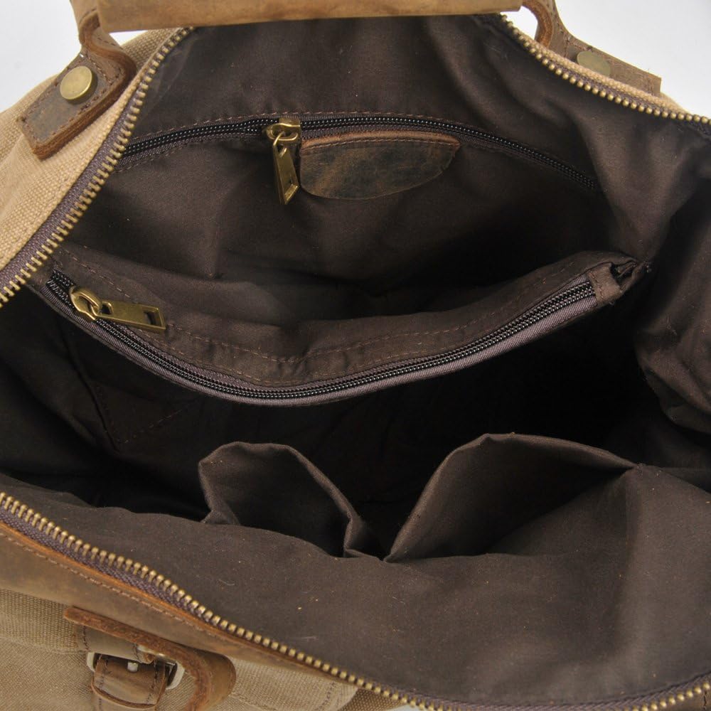 Leather Weekend Duffel Bag Canvas Travel Luggage Weekender Overnight Satchel Bag (Khaki)