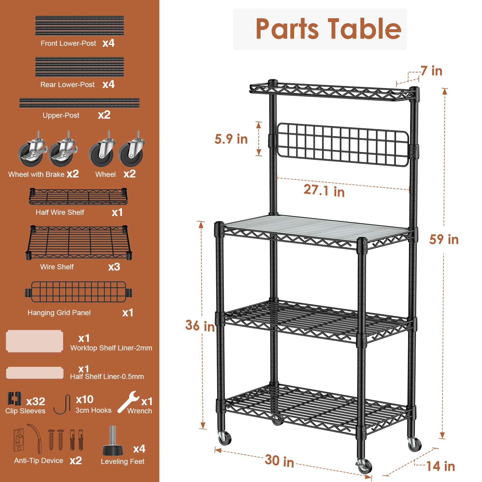 Leteuke Estante para panaderos para cocina con almacenamiento, barra de café ajustable de 4 niveles con ruedas, 10 ganchos en S, soporte para microondas, estante de almacenamiento de cocina, estante