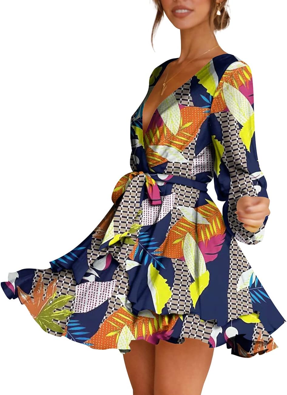 Cosonsen Women's Dress Deep V-Neck Long Sleeve Waist Tie Ruffle Mini Swing Skater Dresses - Image 2