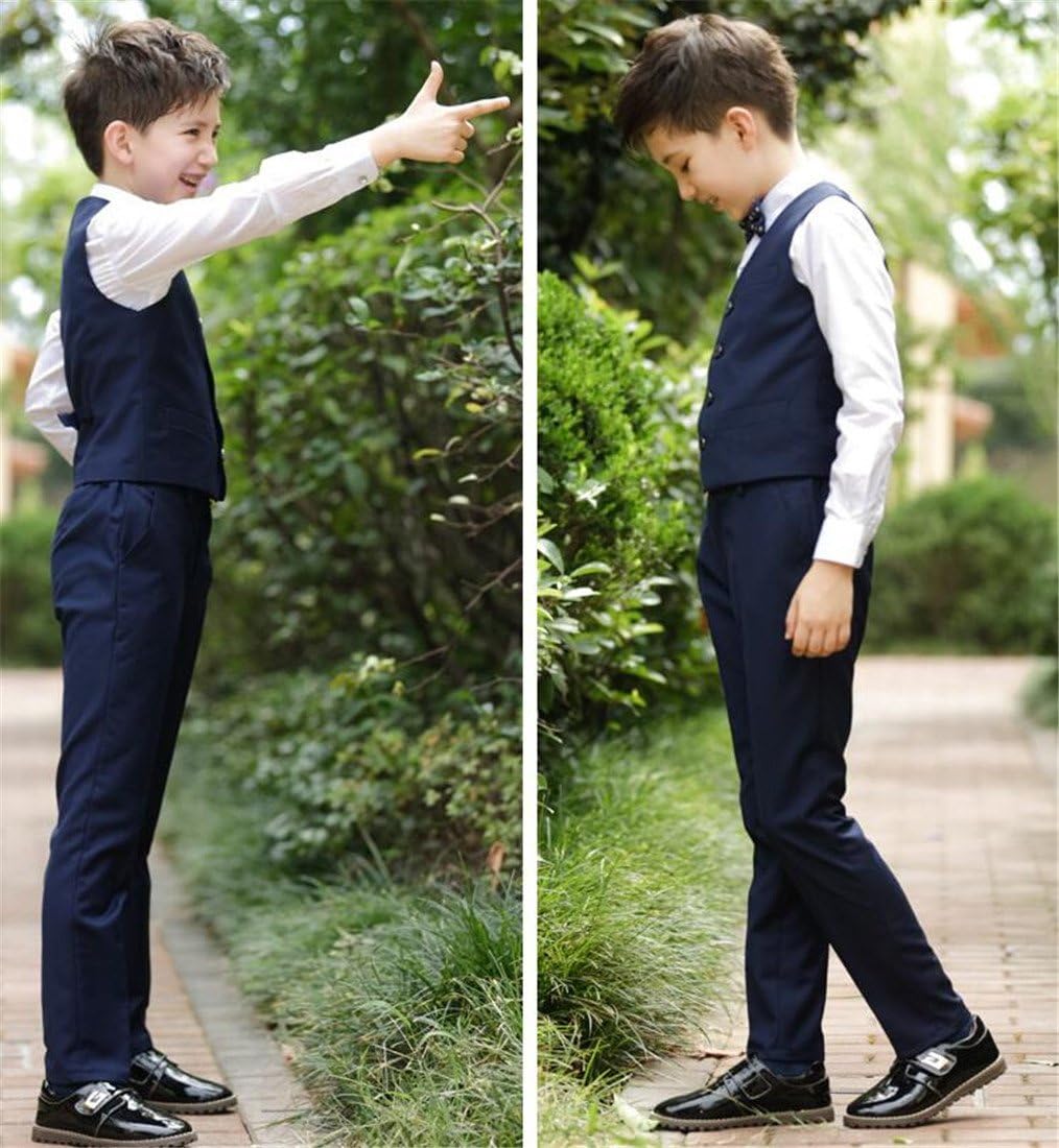 Gele Boy 4 Pieces Formal Wear Suit,Vest+Pants+Shirt+Bow Tie (14, Navy)