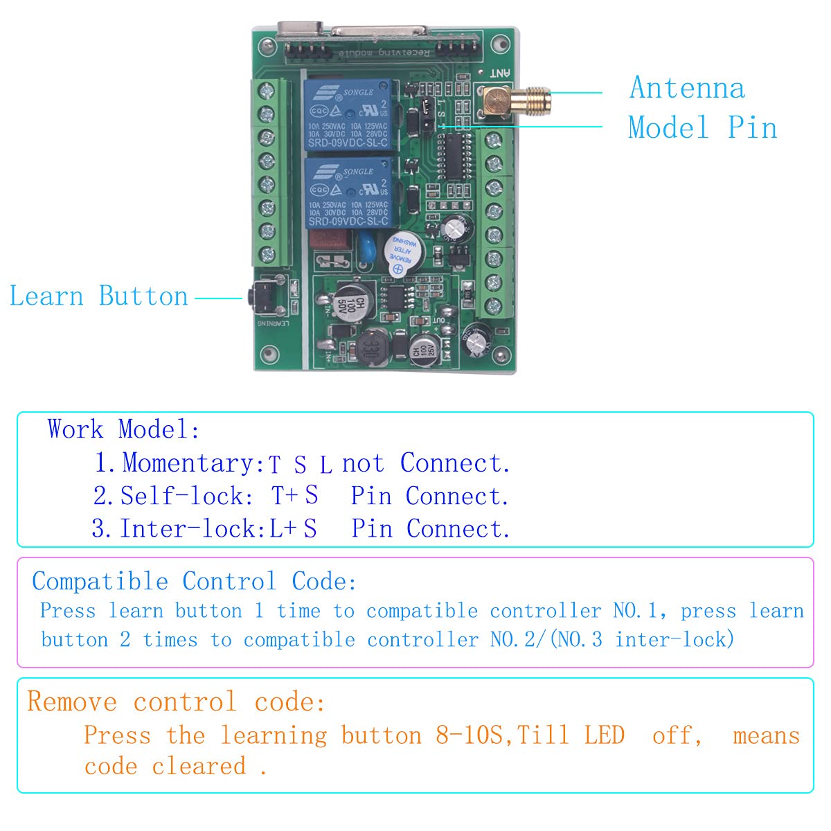 12V 24V 36V 2CH Télécommande de porte de garage universelle Interrupteur 433Mhz Moteur à large plage avant et arrière, Interrupteur sans fil à 2 canaux clavier de porte de garage (2* contrôle 433Mhz)