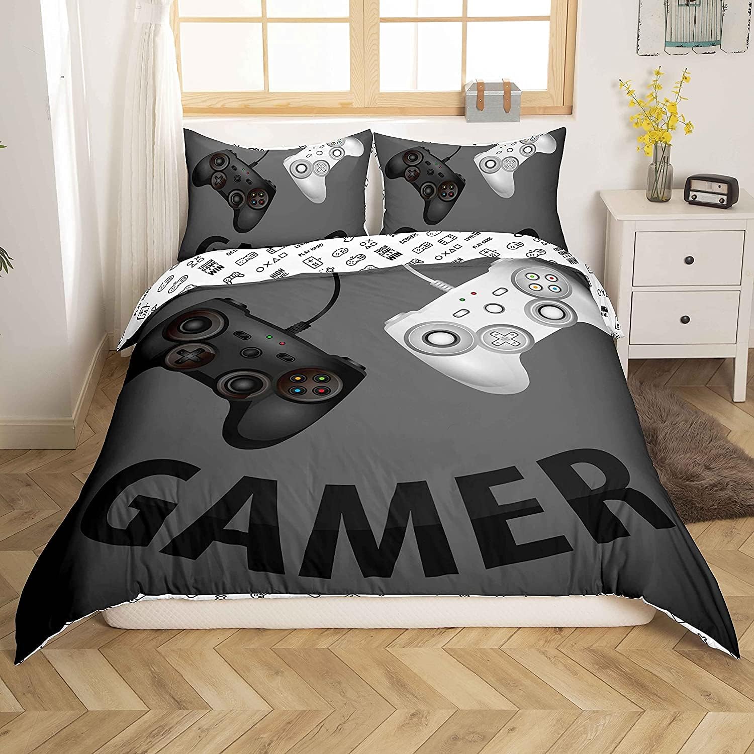 Loussiesd Games Bed Linen 135 x 200 cm for Boys Children Cartoon Video Game Gamepad Duvet Cover Set Children Youth Graffiti Style Bedding Set Novelty Modern Gamer Beds Set 2 Pieces Room Decor