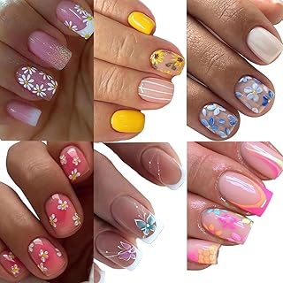 6 Packs (144 Pcs) Flower Press on Nails Short Square Fake Nails Spring Nails Press ons Floral False Nails with Design Glue on Nail Full Cover Artificial Acrylic Stick on Nail for Women Manicure