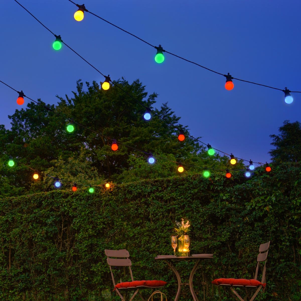 Festive Lights - ConnectGO Outdoor Garden Festoon Lights - Frosted Cap Bulbs with Black Rubber Cable - Extendable - with Plug (Multicolour, 20m)